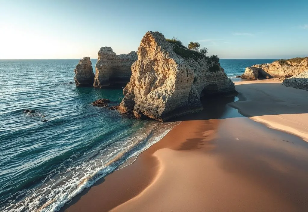 A dramatic beach scene with a stunning rock formation and crystal-clear waters