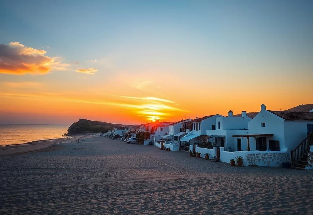 A picturesque beach scene with whitewashed houses and a stunning sunset