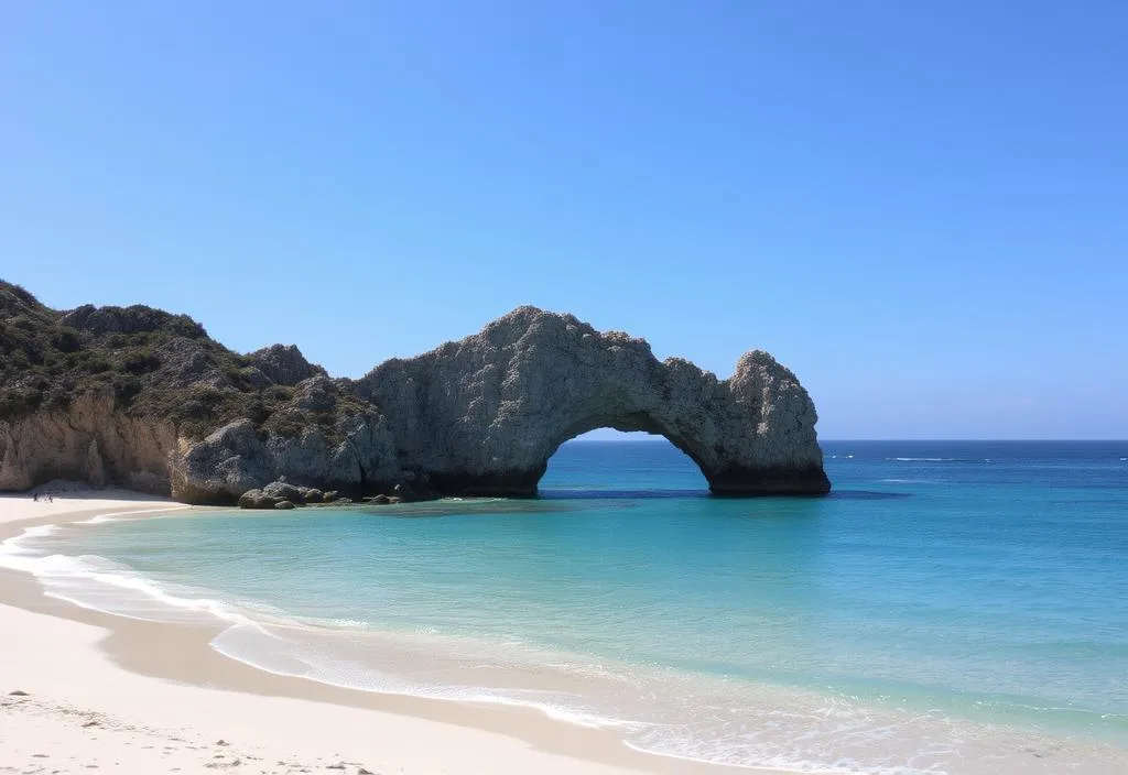 A stunning beach scene with a dramatic rock formation and crystal-clear waters