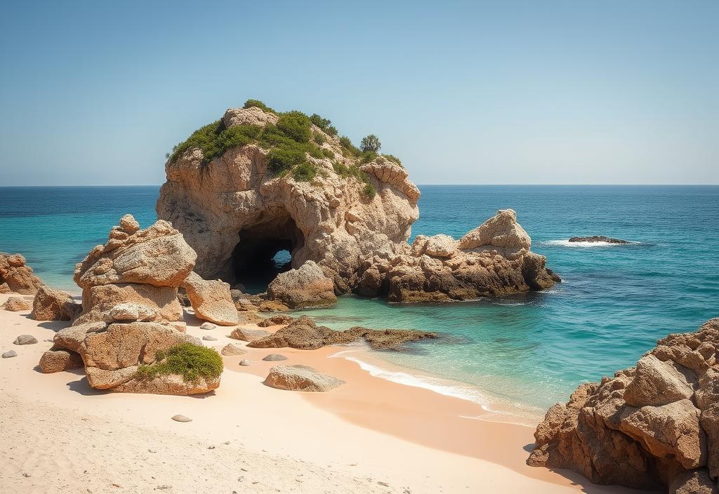 A picturesque beach scene with a stunning rock formation and crystal-clear waters