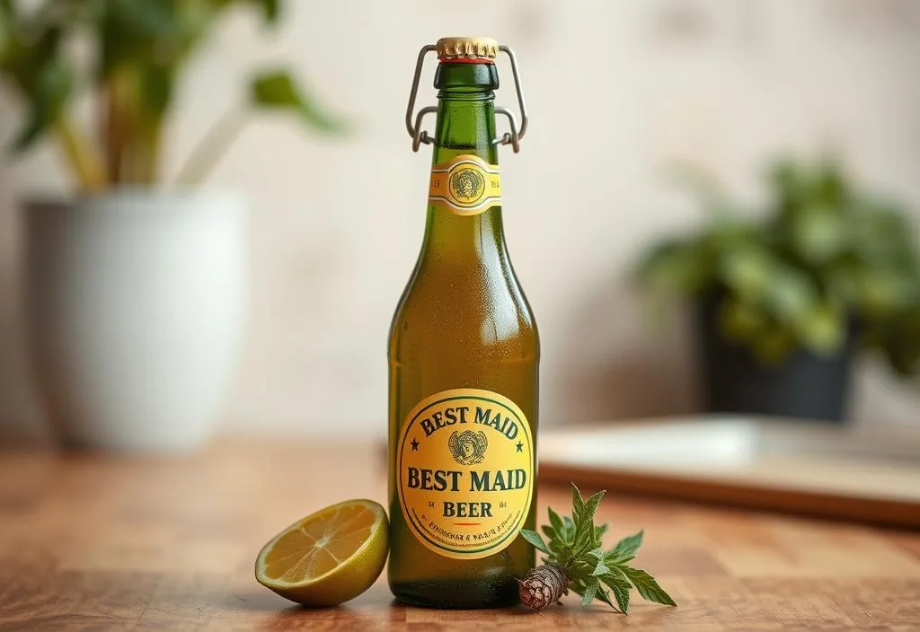 A bottle of Best Maid Pickle Beer with a Hint of Herbal with a slice of herb