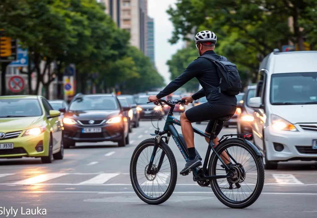 A rider on the Haibike SDURO HardSeven 3.0 riding through a busy city street