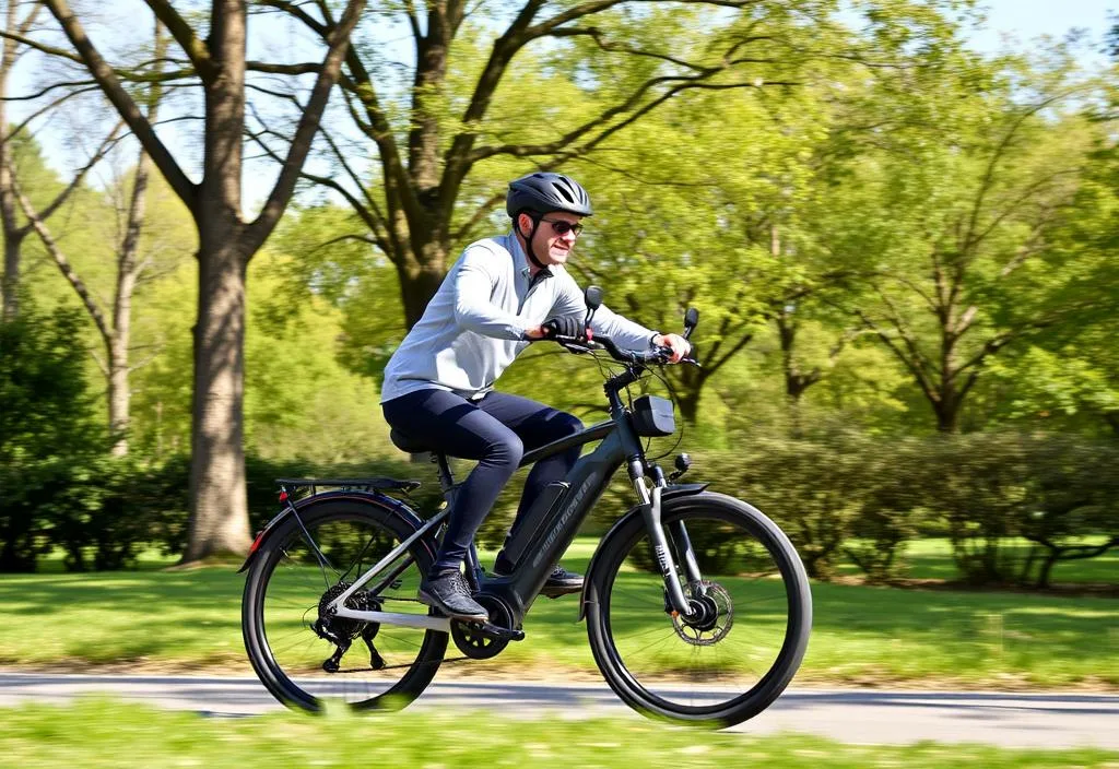 A rider on the Yamaha Power Assist Bike riding through a park