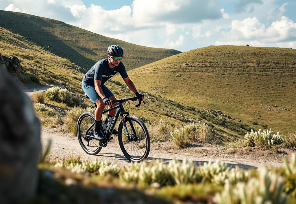 A rider on the Giant TCR Advanced E+ riding through a hilly terrain