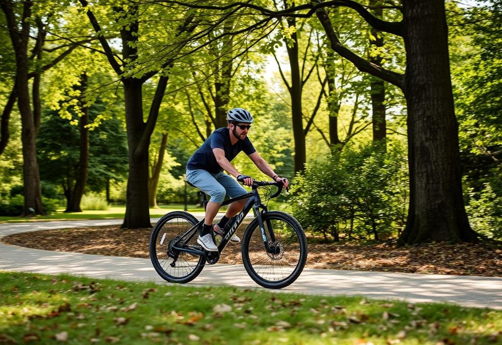 A rider on the Trek Verve+ 3 riding through a park