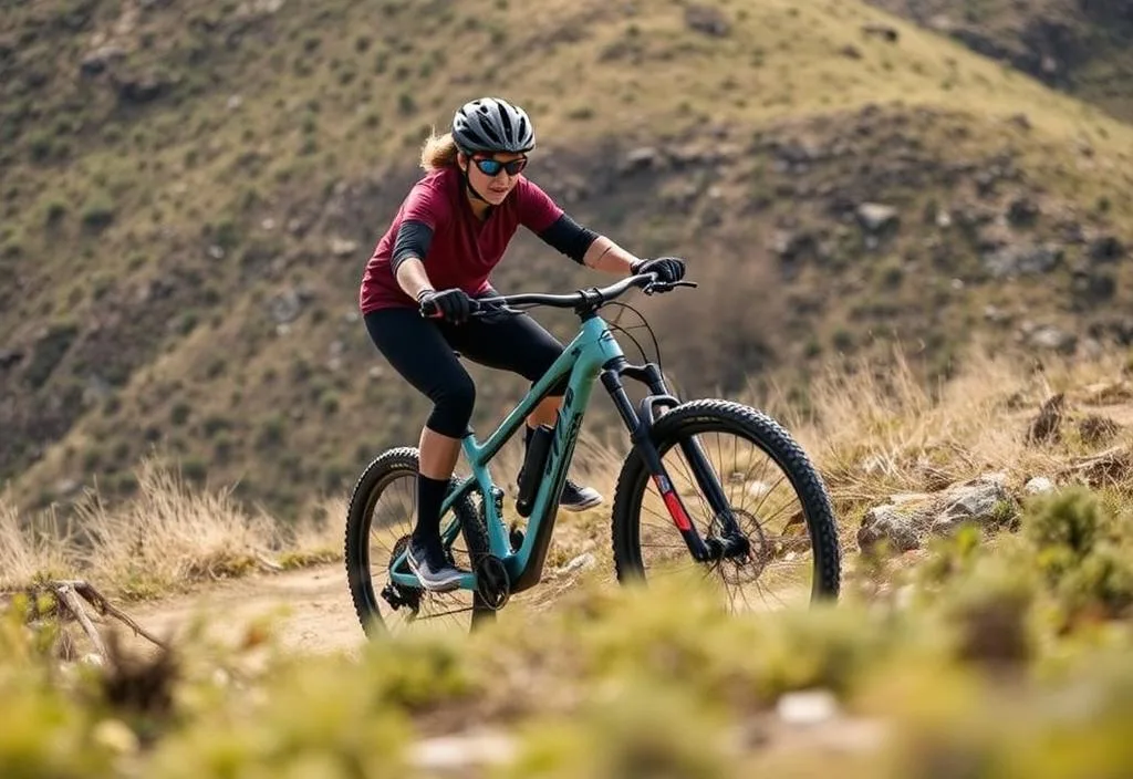 A rider on the Diamondback Bicycles Full Suspension E-Bike riding through a hilly terrain