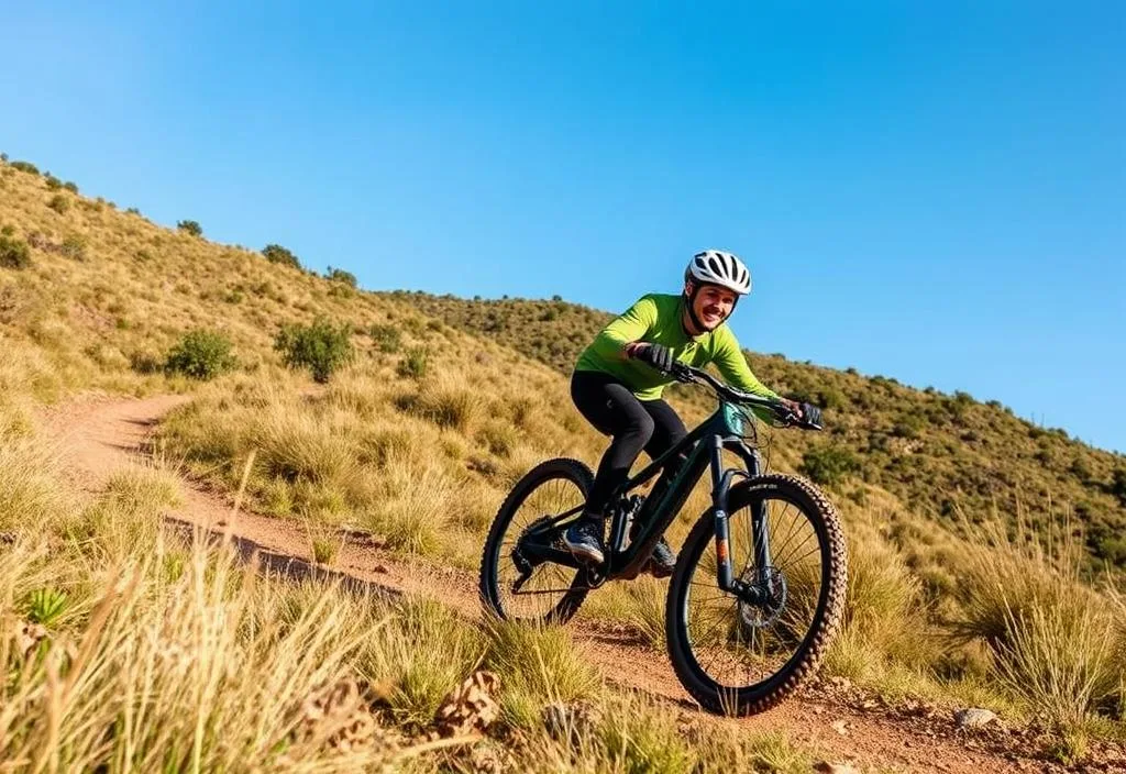 A rider on the Haibike XDURO Nduro 5.0 riding through a hilly terrain