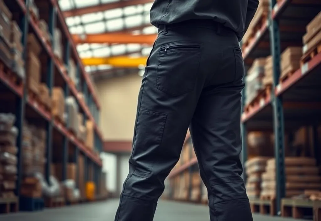 A pair of Dickies Work Trousers in a warehouse setting