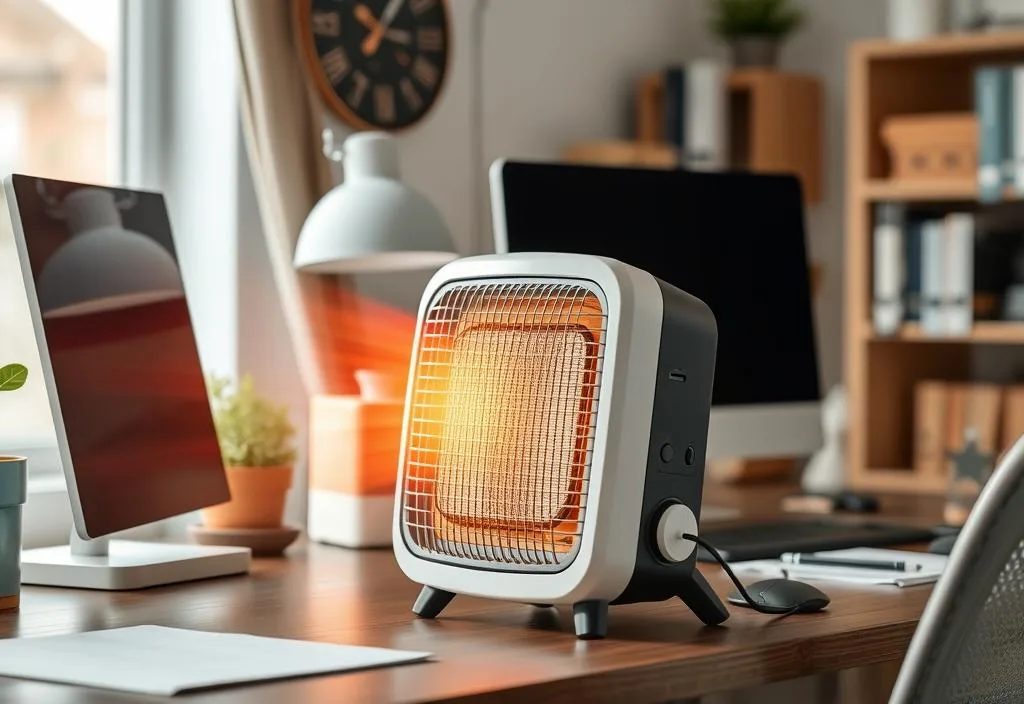 A space heater on a desk in a home office