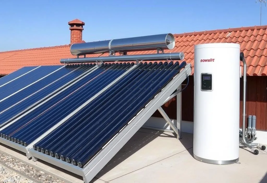 A solar heating system with solar panels and a boiler