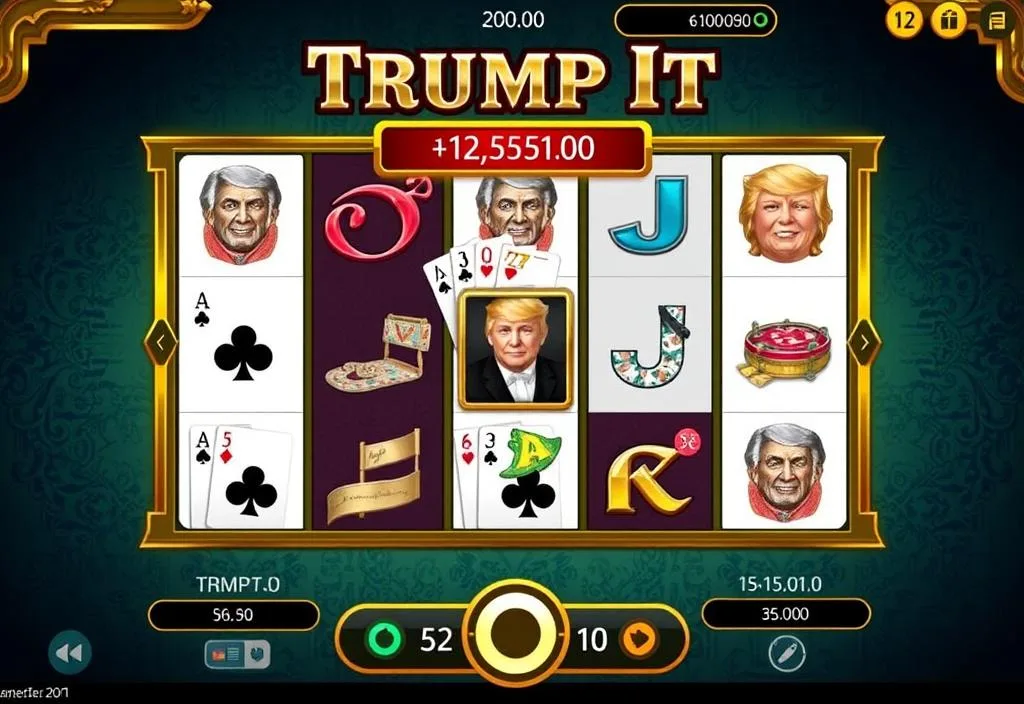 A screenshot of the Trump It slots game, showcasing its poker-inspired gameplay