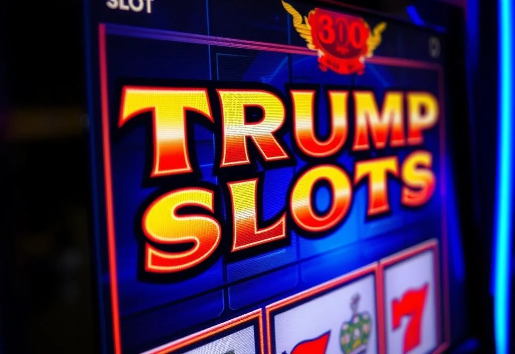 A close-up of the Trump Slots game on a screen, with the game's features highlighted