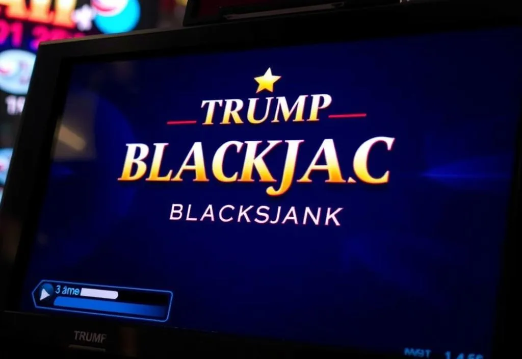 A close-up of the Trump Blackjack game on a screen, with the game's features highlighted