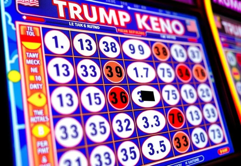 A close-up of the Trump Keno game on a screen, with the game's features highlighted