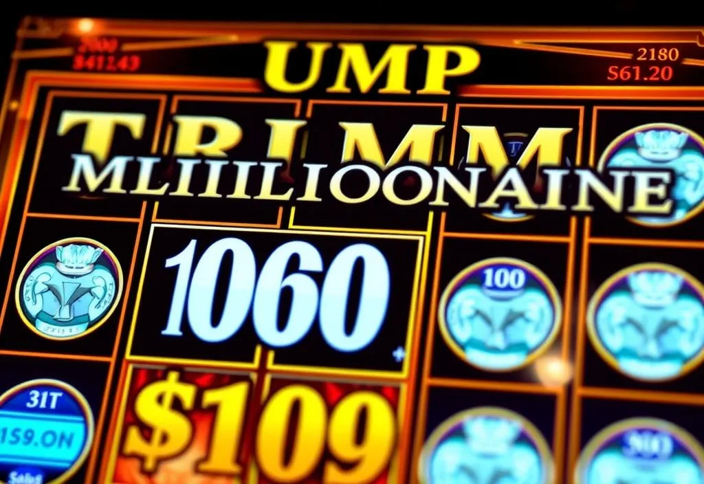 A close-up of the Trump Millionaire slots game on a screen, with the jackpot amount displayed prominently